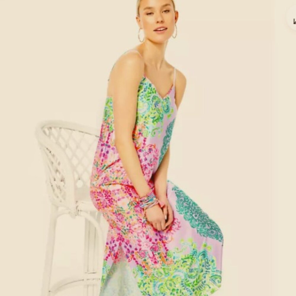Lilly Pulitzer S Bellalyn Satin Midi Slip Dress, Multi Sunshine Vibes NWT,NIP